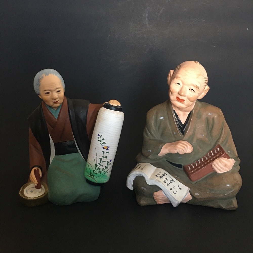 Vintage 1950's Hakata Urasaki Clay Japanese Elder Figurine Set Man and Woman